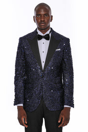 Navy Blue Sequin Patterned Party Blazer | Wessi 3-piece-suit, 36, 38, 40, 42, 44, 46, 48, Blue, Men's Blazers, Modern Fit, Navy, navy-blue, Peak, Peak Lapel, Shiny, Slim Fit, Slim Fit Blazers