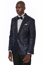 Navy Blue Sequin Patterned Party Blazer | Wessi 3-piece-suit, 36, 38, 40, 42, 44, 46, 48, Blue, Men's Blazers, Modern Fit, Navy, navy-blue, Peak, Peak Lapel, Shiny, Slim Fit, Slim Fit Blazers