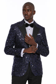 Navy Blue Sequin Patterned Party Blazer | Wessi 3-piece-suit, 36, 38, 40, 42, 44, 46, 48, Blue, Men's Blazers, Modern Fit, Navy, navy-blue, Peak, Peak Lapel, Shiny, Slim Fit, Slim Fit Blazers