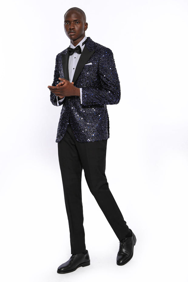 Navy Blue Sequin Patterned Party Blazer | Wessi 3-piece-suit, 36, 38, 40, 42, 44, 46, 48, Blue, Men's Blazers, Modern Fit, Navy, navy-blue, Peak, Peak Lapel, Shiny, Slim Fit, Slim Fit Blazers