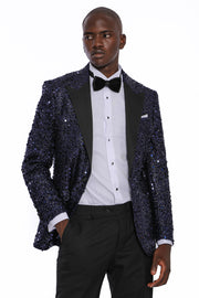 Navy Blue Sequin Patterned Party Blazer | Wessi 3-piece-suit, 36, 38, 40, 42, 44, 46, 48, Blue, Men's Blazers, Modern Fit, Navy, navy-blue, Peak, Peak Lapel, Shiny, Slim Fit, Slim Fit Blazers