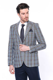 Navy Blue Slim-Fit Checked Blazer 3-piece-suit, 38, 40, Blue, Checked, Men's Blazers, Modern Fit, Navy, navy-blue, Peak, Peak Lapel, Plaid, Slim Fit, Sport Coats Men's BlazersSport Coats - we