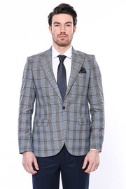 Navy Blue Slim-Fit Checked Blazer 3-piece-suit, 38, 40, Blue, Checked, Men's Blazers, Modern Fit, Navy, navy-blue, Peak, Peak Lapel, Plaid, Slim Fit, Sport Coats Men's BlazersSport Coats - we