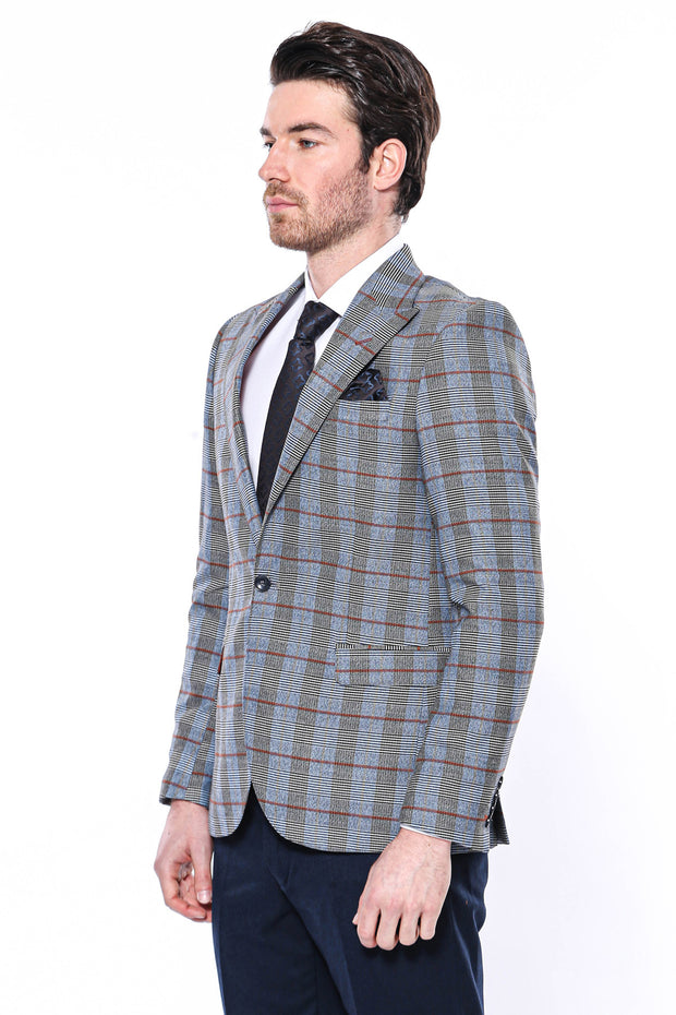 Navy Blue Slim-Fit Checked Blazer 3-piece-suit, 38, 40, Blue, Checked, Men's Blazers, Modern Fit, Navy, navy-blue, Peak, Peak Lapel, Plaid, Slim Fit, Sport Coats Men's BlazersSport Coats - we