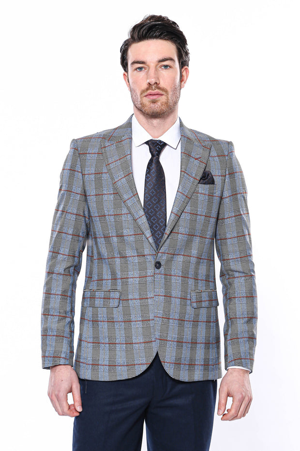 Navy Blue Slim-Fit Checked Blazer 3-piece-suit, 38, 40, Blue, Checked, Men's Blazers, Modern Fit, Navy, navy-blue, Peak, Peak Lapel, Plaid, Slim Fit, Sport Coats Men's BlazersSport Coats - we