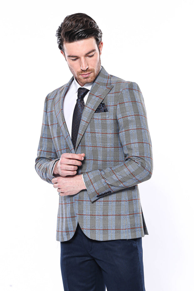 Navy Blue Slim-Fit Checked Blazer 3-piece-suit, 38, 40, Blue, Checked, Men's Blazers, Modern Fit, Navy, navy-blue, Peak, Peak Lapel, Plaid, Slim Fit, Sport Coats Men's BlazersSport Coats - we