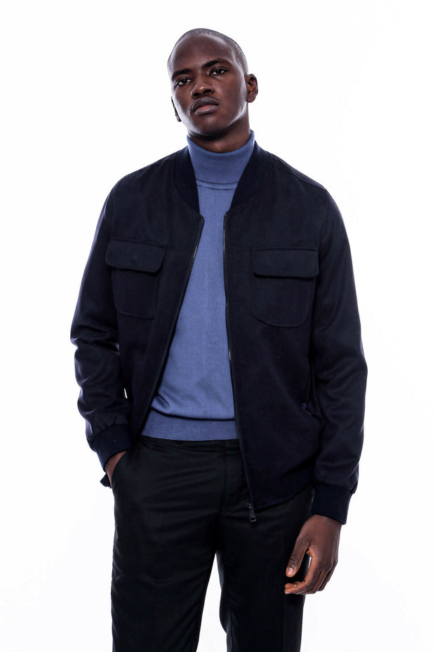 Navy Blue Suede Bomber Coat $50 - $100, 36, 38, 40, 42, 44, 46, 48, Blue, Bomber Jacket, Flap Pocket, Modern Fit, Navy, Navy Blue, Outwear, Slim Fit, Suede, Velvet, Zippered OutwearBomber Jac