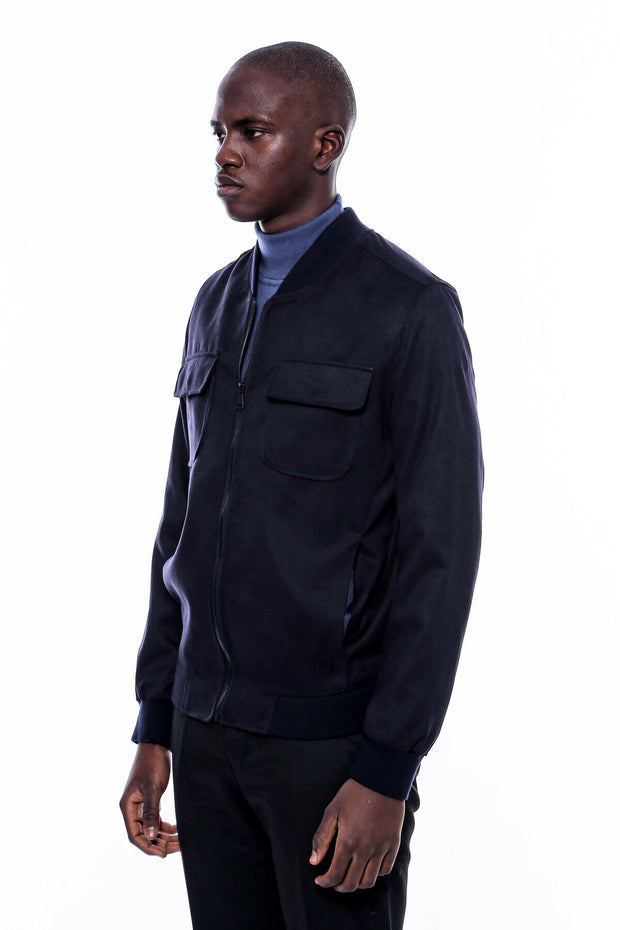 Navy Blue Suede Bomber Coat $50 - $100, 36, 38, 40, 42, 44, 46, 48, Blue, Bomber Jacket, Flap Pocket, Modern Fit, Navy, Navy Blue, Outwear, Slim Fit, Suede, Velvet, Zippered OutwearBomber Jac