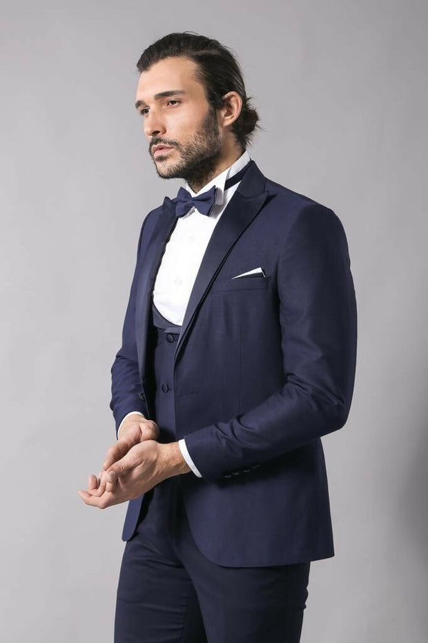 Navy Blue Vested Tuxedo | Wessi 3-piece-suit, 34, 36, 38, 40, 42, 44, 46, Blue, Double Breasted, Modern Fit, Navy, navy-blue, Party, Peak, Peak Lapel, Slim Fit, Slim Fit Suit, Suit, Wedding O