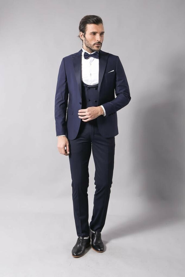 Navy Blue Vested Tuxedo | Wessi 3-piece-suit, 34, 36, 38, 40, 42, 44, 46, Blue, Double Breasted, Modern Fit, Navy, navy-blue, Party, Peak, Peak Lapel, Slim Fit, Slim Fit Suit, Suit, Wedding O