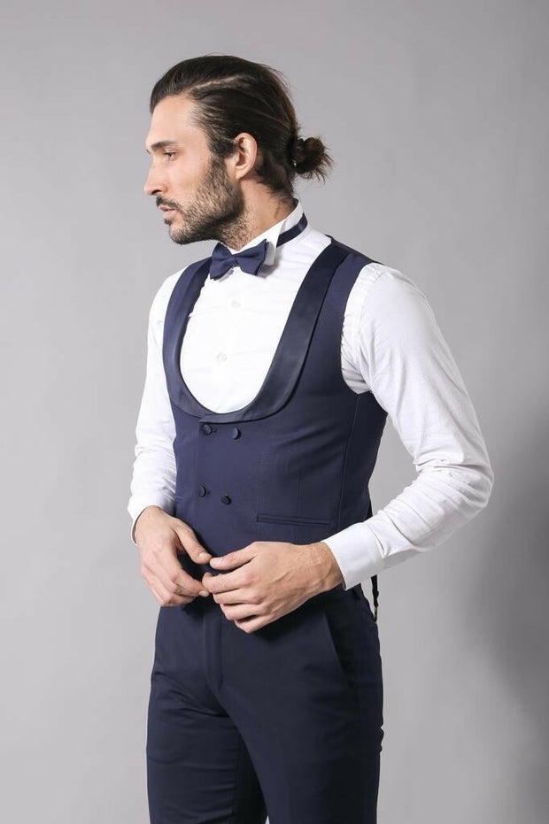 Navy Blue Vested Tuxedo | Wessi 3-piece-suit, 34, 36, 38, 40, 42, 44, 46, Blue, Double Breasted, Modern Fit, Navy, navy-blue, Party, Peak, Peak Lapel, Slim Fit, Slim Fit Suit, Suit, Wedding O