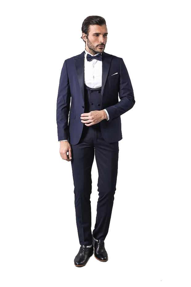 Navy Blue Vested Tuxedo | Wessi 3-piece-suit, 34, 36, 38, 40, 42, 44, 46, Blue, Double Breasted, Modern Fit, Navy, navy-blue, Party, Peak, Peak Lapel, Slim Fit, Slim Fit Suit, Suit, Wedding O