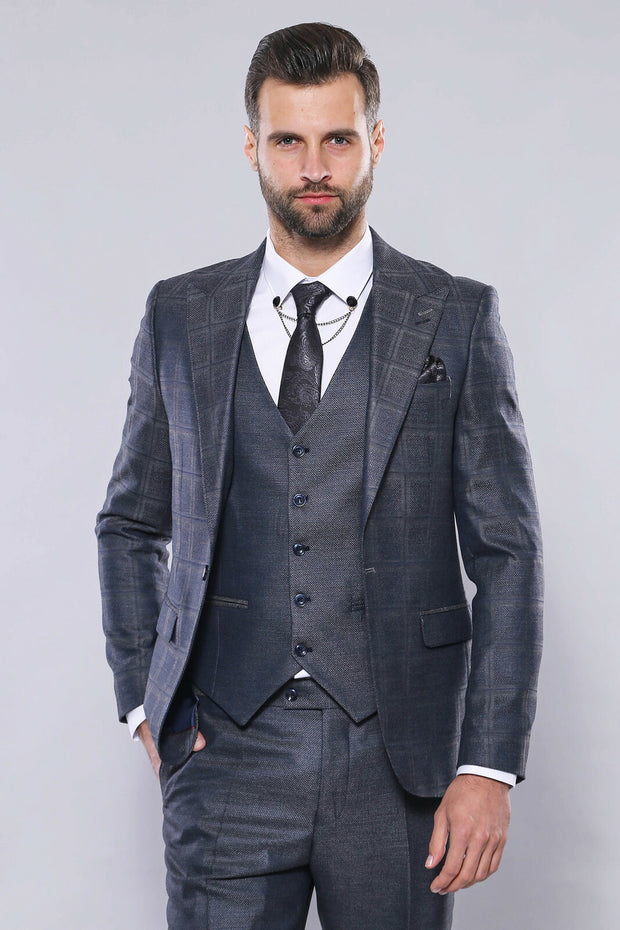 Navy Patterned Vested Suit | Wessi 3 Piece Suits, 3-piece-suit, 34, 36, 38, 40, 42, 44, 46, 48, Blue, mens-suit_obsolete, Navy, Navy Blue, Peak, Peak Lapel, Suit Suit3 Piece Suits - wessi