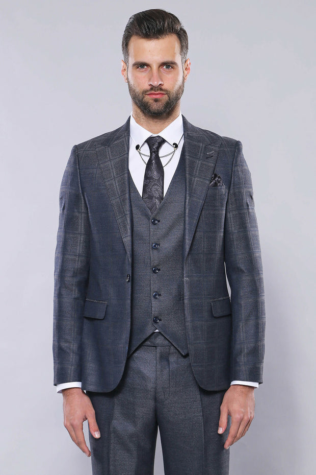 Navy Patterned Vested Suit | Wessi 3 Piece Suits, 3-piece-suit, 34, 36, 38, 40, 42, 44, 46, 48, Blue, mens-suit_obsolete, Navy, Navy Blue, Peak, Peak Lapel, Suit Suit3 Piece Suits - wessi