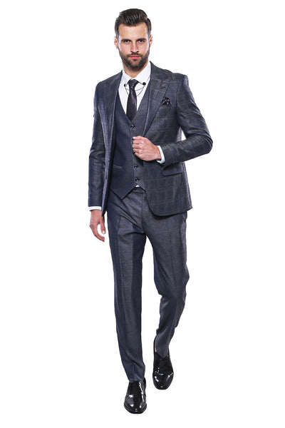 Navy Patterned Vested Suit | Wessi 3 Piece Suits, 3-piece-suit, 34, 36, 38, 40, 42, 44, 46, 48, Blue, mens-suit_obsolete, Navy, Navy Blue, Peak, Peak Lapel, Suit Suit3 Piece Suits - wessi