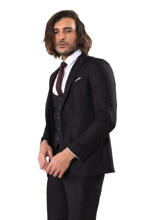 Notch Lapel Slim Fit Single Button Black Suit | Wessi 3-piece-suit, 36, 38, 40, 42, 44, 46, 48, Modern Fit, Notch, Peak, Peak Lapel, Slim Fit, Slim Fit Suit, Suit OutletSuit - wessi