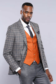 Orange Vested Suit | Wessi 3 Piece Suits, 3-piece-suit, 34, 36, 48, Checked, Combined, Combined Suit, mens-suit_obsolete, Peak, Peak Lapel, Plaid, Suit Suit3 Piece Suits - wessi