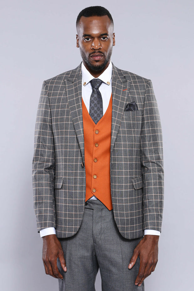 Orange Vested Suit | Wessi 3 Piece Suits, 3-piece-suit, 34, 36, 48, Checked, Combined, Combined Suit, mens-suit_obsolete, Peak, Peak Lapel, Plaid, Suit Suit3 Piece Suits - wessi