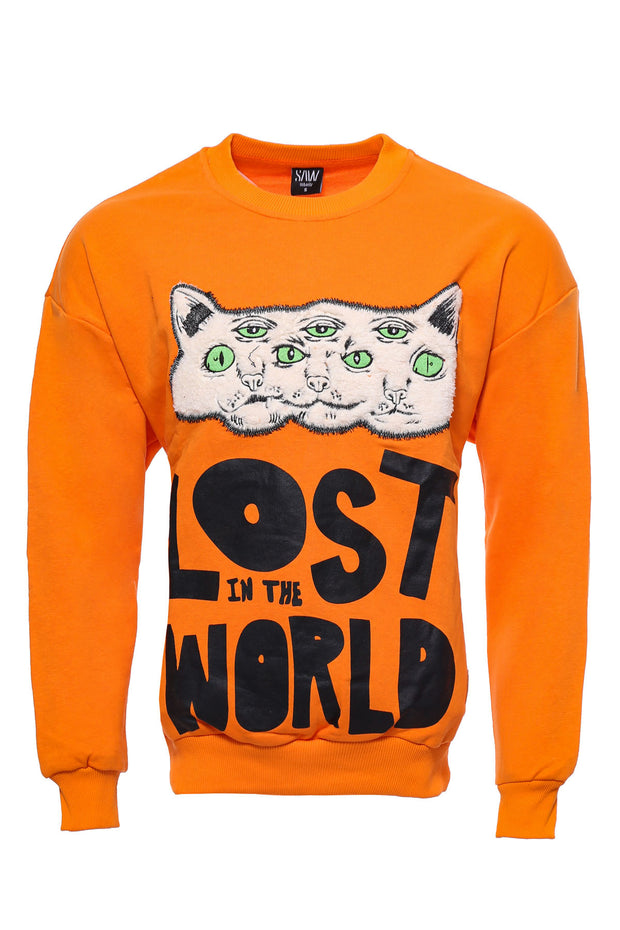 Orange Circle Neck Cat Printed Sweatshirt orange, Printed, Slim Fit, Sport Clothing, Sweatshirt, Sweatshirt Modern Fit Sport ClothingSweatshirt - wessi