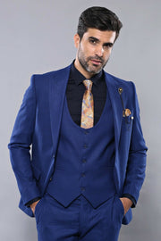 Patterned Vested Navy Blue Suit | Wessi 3-piece-suit, 36, 40, blue, mens-suit, mens-suit_obsolete, Modern Fit, Navy, Navy Blue, Peak, Peak Lapel, Slim Fit, Slim Fit Suit, Suit SuitSlim Fit Su