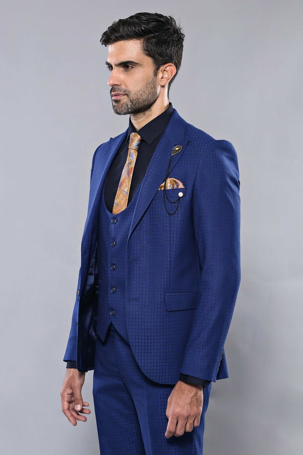 Patterned Vested Navy Blue Suit | Wessi 3-piece-suit, 36, 40, blue, mens-suit, mens-suit_obsolete, Modern Fit, Navy, Navy Blue, Peak, Peak Lapel, Slim Fit, Slim Fit Suit, Suit SuitSlim Fit Su