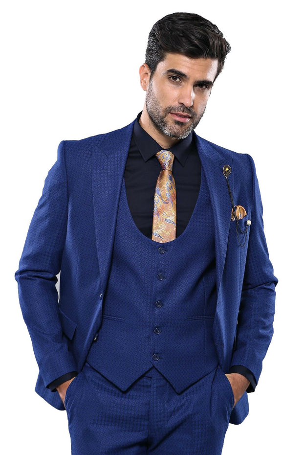 Patterned Vested Navy Blue Suit | Wessi 3-piece-suit, 36, 40, blue, mens-suit, mens-suit_obsolete, Modern Fit, Navy, Navy Blue, Peak, Peak Lapel, Slim Fit, Slim Fit Suit, Suit SuitSlim Fit Su