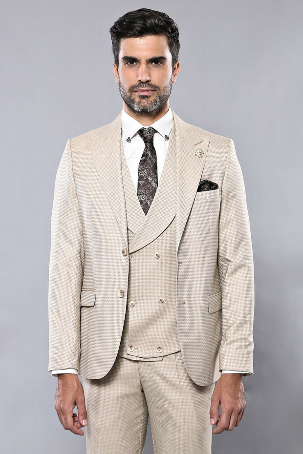 Patterned Beige Suit | Wessi 3 Piece Suits, 3-piece-suit, 36, 38, 40, 42, 44, 46, Brown, Double Breasted, mens-suit, mens-suit_obsolete, Peak, Peak Lapel, Suit, tan Suit3 Piece Suits - wessi