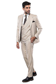 Patterned Beige Suit | Wessi 3 Piece Suits, 3-piece-suit, 36, 38, 40, 42, 44, 46, Brown, Double Breasted, mens-suit, mens-suit_obsolete, Peak, Peak Lapel, Suit, tan Suit3 Piece Suits - wessi