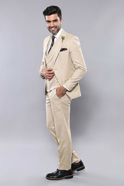 Patterned Beige Vested Suit | Wessi 3-piece-suit, 36, 38, 40, 42, 48, Brown, Modern Fit, Peak, Peak Lapel, Slim Fit, Slim Fit Suit, Suit SuitSlim Fit Suit - wessi