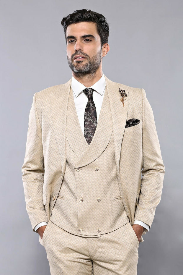 Patterned Beige Vested Suit | Wessi 3-piece-suit, 36, 38, 40, 42, 48, Brown, Modern Fit, Peak, Peak Lapel, Slim Fit, Slim Fit Suit, Suit SuitSlim Fit Suit - wessi