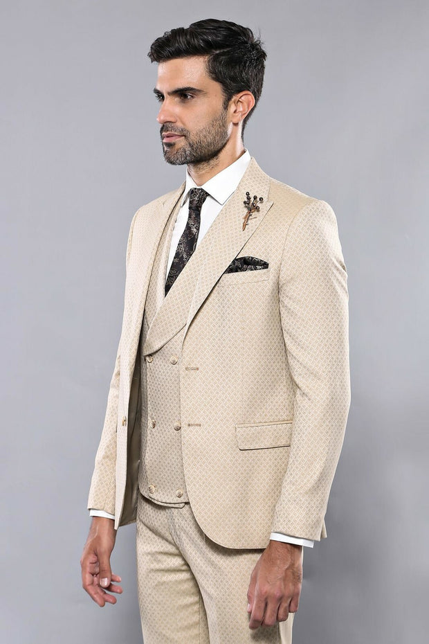 Patterned Beige Vested Suit | Wessi 3-piece-suit, 36, 38, 40, 42, 48, Brown, Modern Fit, Peak, Peak Lapel, Slim Fit, Slim Fit Suit, Suit SuitSlim Fit Suit - wessi