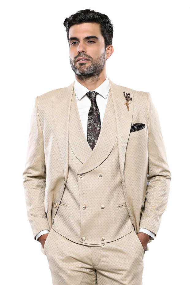 Patterned Beige Vested Suit | Wessi 3-piece-suit, 36, 38, 40, 42, 48, Brown, Modern Fit, Peak, Peak Lapel, Slim Fit, Slim Fit Suit, Suit SuitSlim Fit Suit - wessi