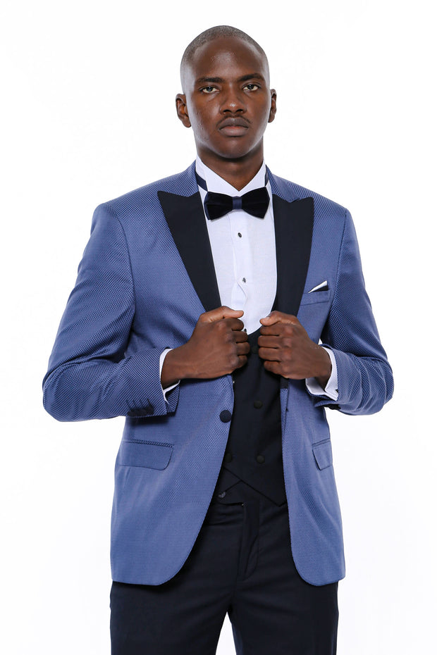 Patterned Blazer Navy Blue Mens Tuxedo 3 Piece Tuxedo, 3-piece-suit, 34, 36, 38, 40, 42, 44, 46, Blue, Modern Fit, Navy, Navy Blue, Party, Peak, Peak Lapel, Slim Fit, Tan, Tuxedo, Wedding Tux