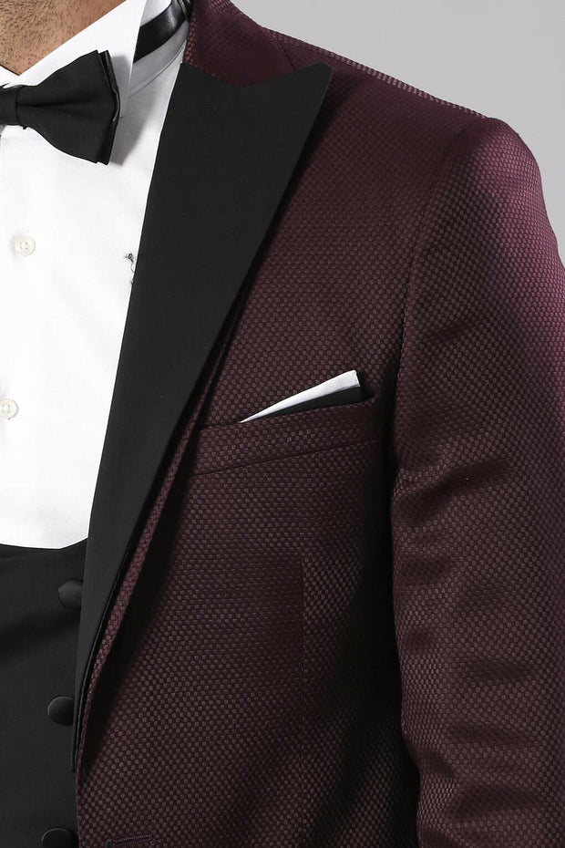 Patterned Blazer Plain Vest and Trousers Claret Red Tuxedo 3 Piece Tuxedo, 3-piece-suit, 34, 36, 38, 40, 42, 44, Modern Fit, Party, Slim Fit, Tuxedo, Wedding OutletSuit - wessi