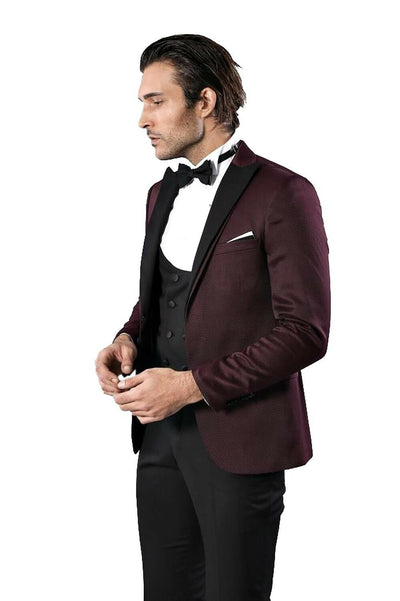 Patterned Blazer Plain Vest and Trousers Claret Red Tuxedo 3 Piece Tuxedo, 3-piece-suit, 34, 36, 38, 40, 42, 44, Modern Fit, Party, Slim Fit, Tuxedo, Wedding OutletSuit - wessi