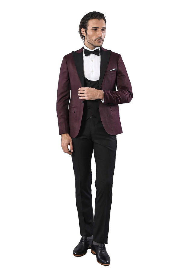 Patterned Blazer Plain Vest and Trousers Claret Red Tuxedo 3 Piece Tuxedo, 3-piece-suit, 34, 36, 38, 40, 42, 44, Modern Fit, Party, Slim Fit, Tuxedo, Wedding OutletSuit - wessi