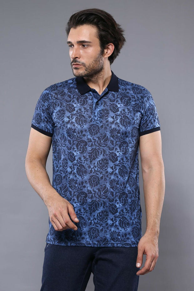 Patterned Blue Polo T-Shirt | Wessi 3-piece-suit, blue, Daily, Modern Fit, Patterned, Polo, Polo T-Shirt, Slim Fit, T-Shirt OutletT-shirt - wessi