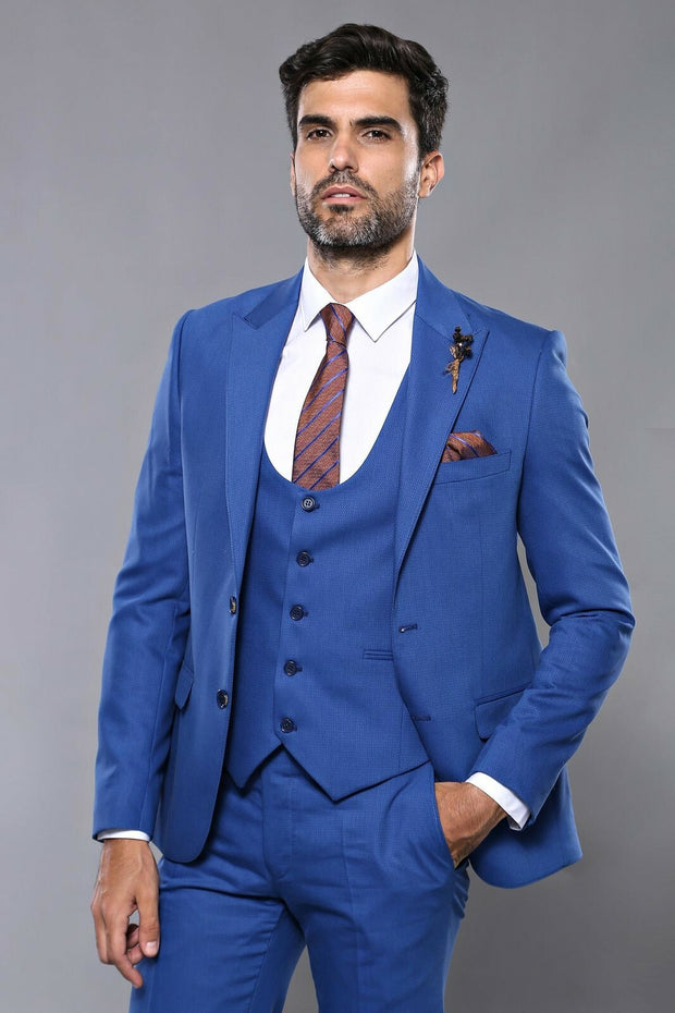 Patterned Blue Vested Men's Suit 3-piece-suit, 36, 38, 40, 42, 46, mens-suit_obsolete, Modern Fit, Slim Fit, Slim Fit Suit, Suit SuitSlim Fit Suit - wessi