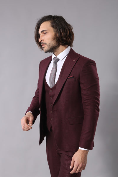 Patterned Burgundy Suit 3-piece-suit, 34, Modern Fit, Peak, Peak Lapel, Slim Fit, Slim Fit Suit, Suit OutletSuit - wessi