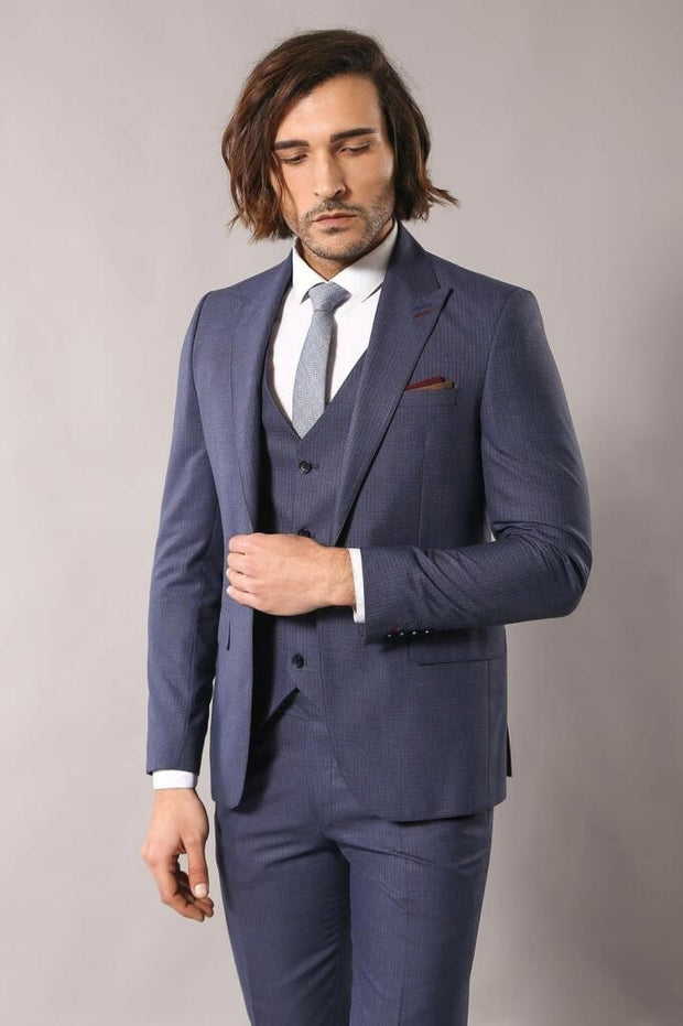 Patterned Dark Blue Suit for Men | Wessi 3 Piece Suits, 3-piece-suit, 36, 40, Blue, Modern Fit, Navy, navy-blue, Slim Fit, Suit, Suit 3 Piece Suits OutletSuit - wessi