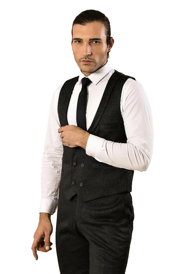 Patterned Double Breasted Black  Waistcoat & Trousers 3-piece-suit, 34, 36, 38, 40, 44, 46, Double Breasted, Modern Fit, Slim Fit, Vest Vest - wessi