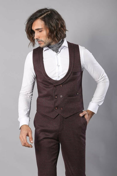 Patterned Double Breasted Burgundy Waistcoat & Trousers 3-piece-suit, 34, 36, 40, Double Breasted, Modern Fit, Slim Fit, Vest Vest - wessi