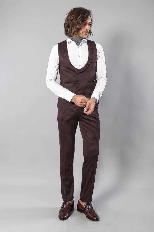 Patterned Double Breasted Burgundy Waistcoat & Trousers 3-piece-suit, 34, 36, 40, Double Breasted, Modern Fit, Slim Fit, Vest Vest - wessi