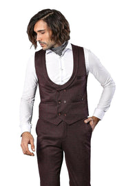 Patterned Double Breasted Burgundy Waistcoat & Trousers 3-piece-suit, 34, 36, 40, Double Breasted, Modern Fit, Slim Fit, Vest Vest - wessi