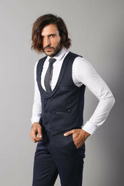 Patterned Double Breasted Dark Navy Waistcoat & Trousers 3-piece-suit, 34, 40, 44, blue, Double Breasted, Modern Fit, Navy, Navy Blue, Slim Fit, Vest Vest - wessi