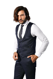 Patterned Double Breasted Dark Navy Waistcoat & Trousers 3-piece-suit, 34, 40, 44, blue, Double Breasted, Modern Fit, Navy, Navy Blue, Slim Fit, Vest Vest - wessi