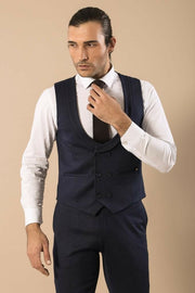 Patterned Double Dreasted Dark Navy Waistcoat & Trousers 3-piece-suit, 34, 36, 38, 40, 42, 44, 46, Blue, Navy, Navy Blue, Vest Vest - wessi