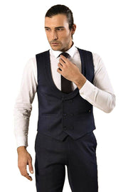 Patterned Double Dreasted Dark Navy Waistcoat & Trousers 3-piece-suit, 34, 36, 38, 40, 42, 44, 46, Blue, Navy, Navy Blue, Vest Vest - wessi