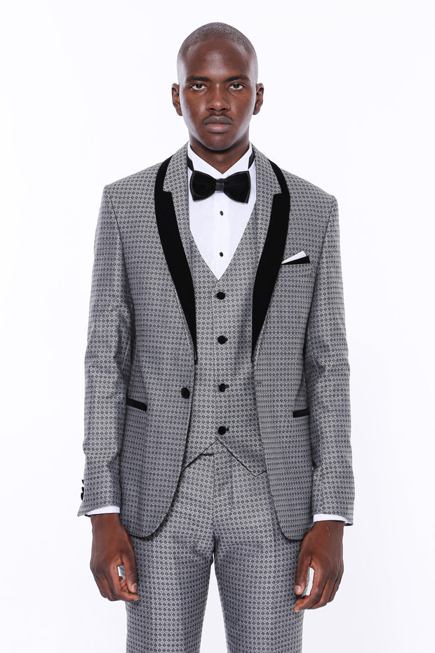 Patterned Grey Velvet Lapel Groom Suit $150 - $200, 3 Piece Tuxedo, 3-piece-suit, 34, 36, 38, 40, 42, 44, 46, 48, 6 Drop, Dot Patterned, Italian, Italian Suit, Modern Fit, Party, Patterned, S