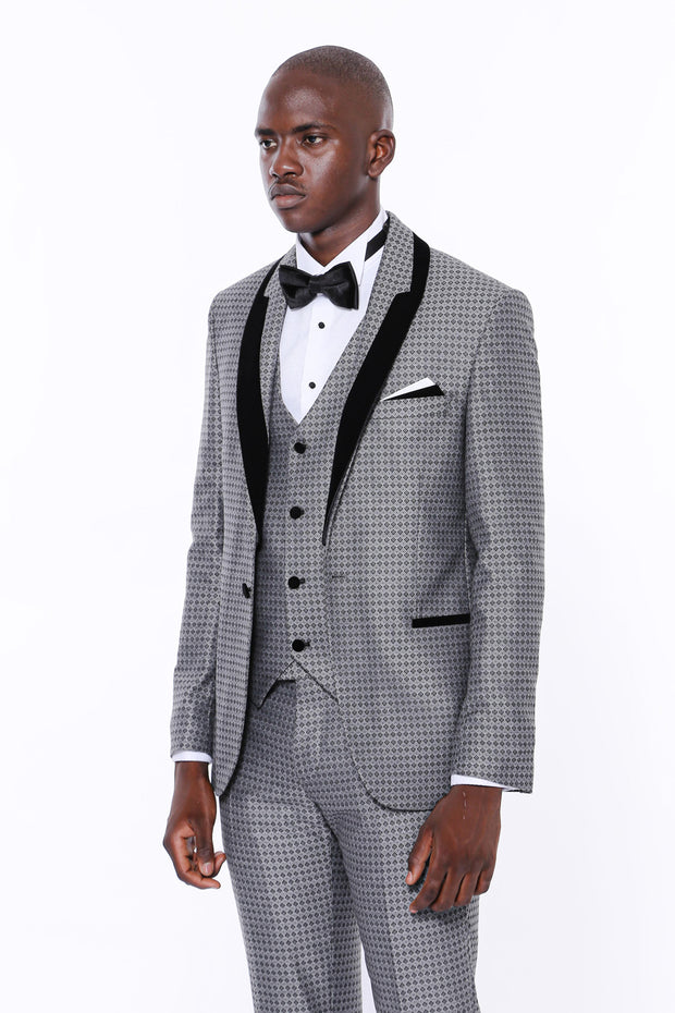 Patterned Grey Velvet Lapel Groom Suit $150 - $200, 3 Piece Tuxedo, 3-piece-suit, 34, 36, 38, 40, 42, 44, 46, 48, 6 Drop, Dot Patterned, Italian, Italian Suit, Modern Fit, Party, Patterned, S